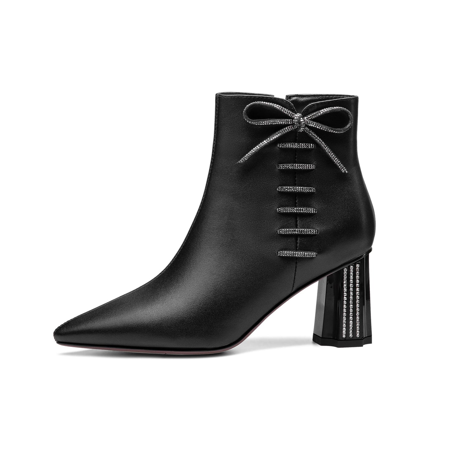 Nine Seven Women's Genuine Leather Handmade Comfortable Mid Block Heel Pointed Toe Side Zip Up Dressing Boots with Bowtie Decor