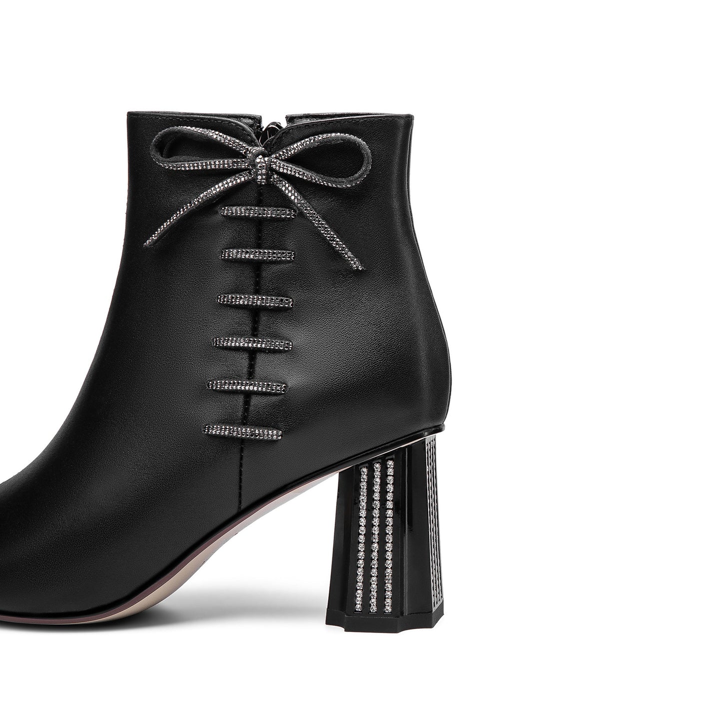 Nine Seven Women's Genuine Leather Handmade Comfortable Mid Block Heel Pointed Toe Side Zip Up Dressing Boots with Bowtie Decor