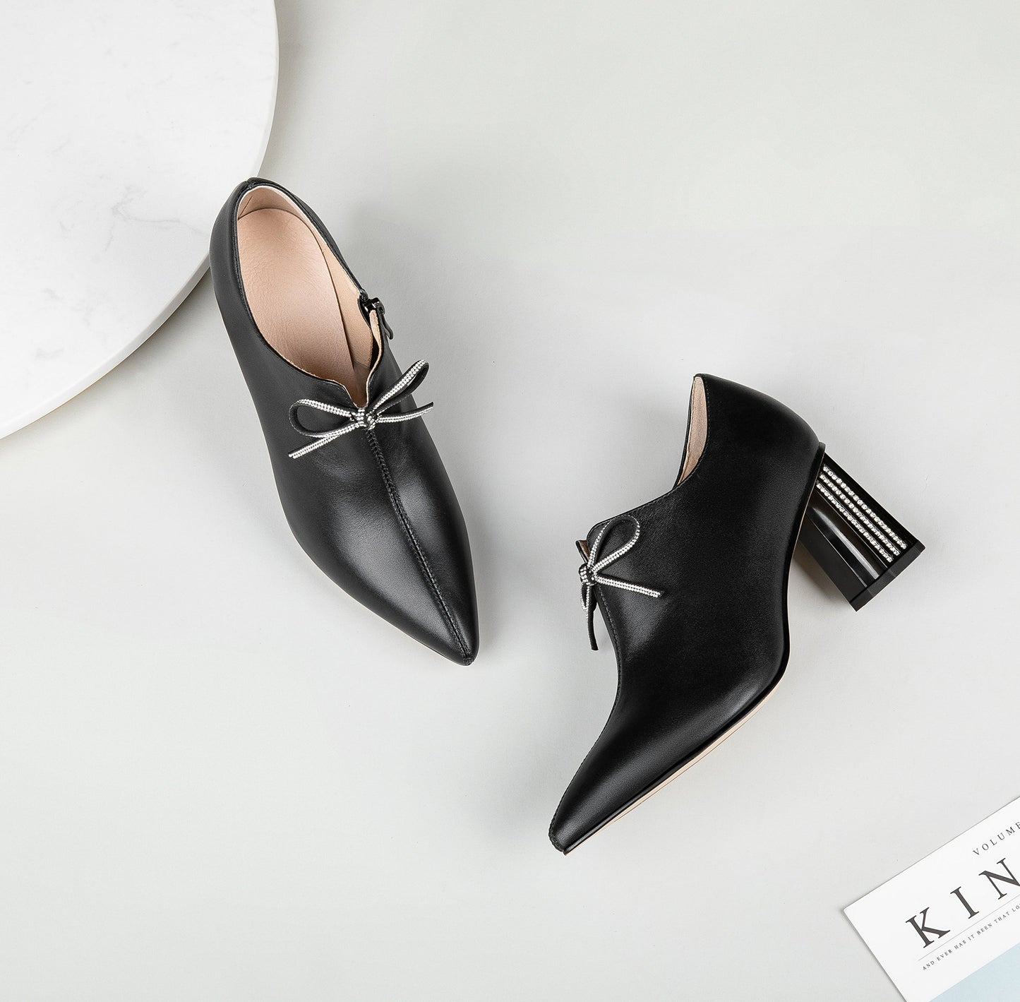 Nine Seven Women's Genuine Leather Handmade Glitter Mid Chunky Heel Pointed Toe Stylish Side Zip Pump Shoes with Bowtie