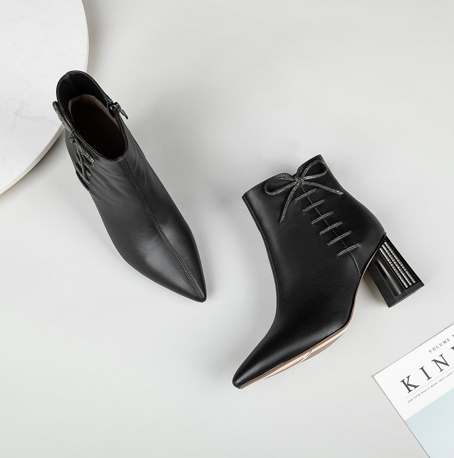 Nine Seven Women's Genuine Leather Handmade Comfortable Mid Block Heel Pointed Toe Side Zip Up Dressing Boots with Bowtie Decor