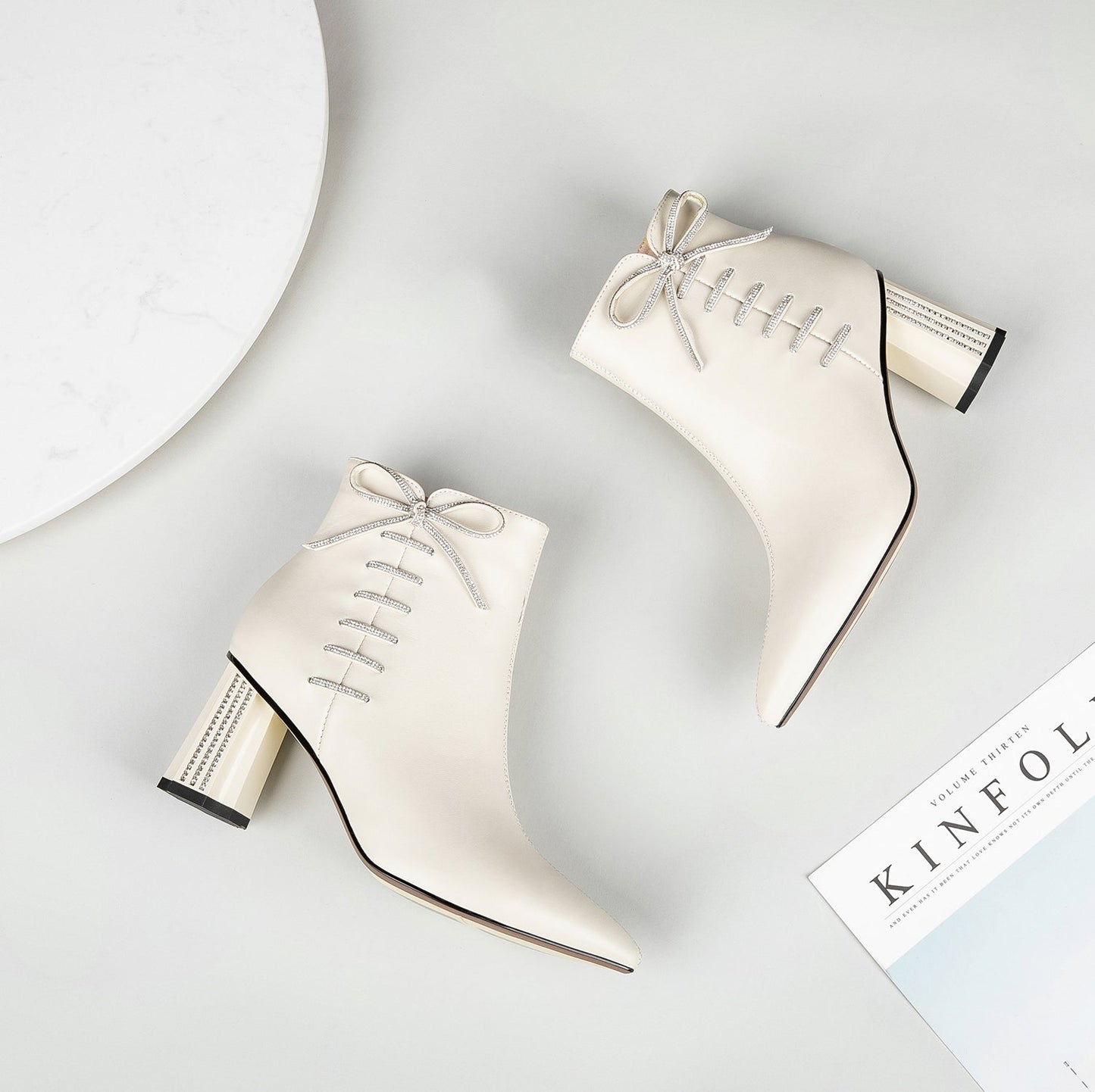 Nine Seven Women's Genuine Leather Handmade Comfortable Mid Block Heel Pointed Toe Side Zip Up Dressing Boots with Bowtie Decor