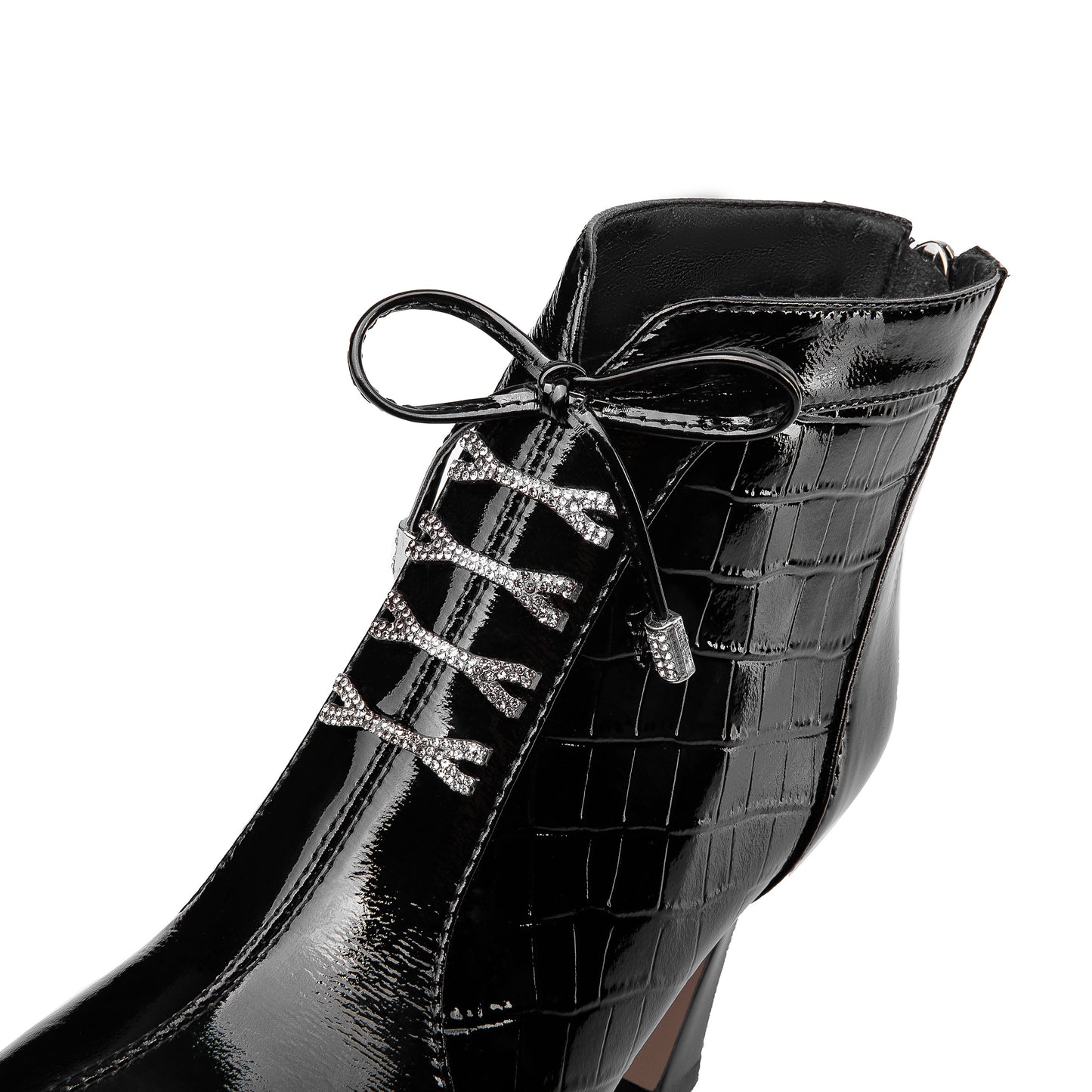 Nine Seven Women's Handmade Patent Leather Pointed Toe Sexy High Spool Heel Zip Up Plus-Size Ankle Booties with Bowtie