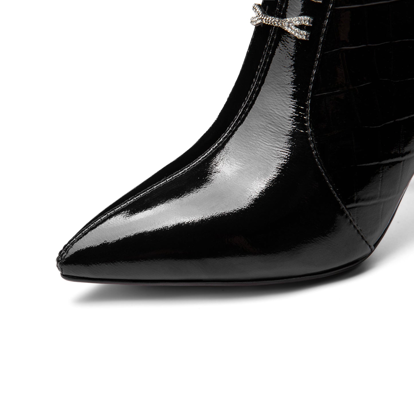 Nine Seven Women's Handmade Patent Leather Pointed Toe Sexy High Spool Heel Zip Up Plus-Size Ankle Booties with Bowtie