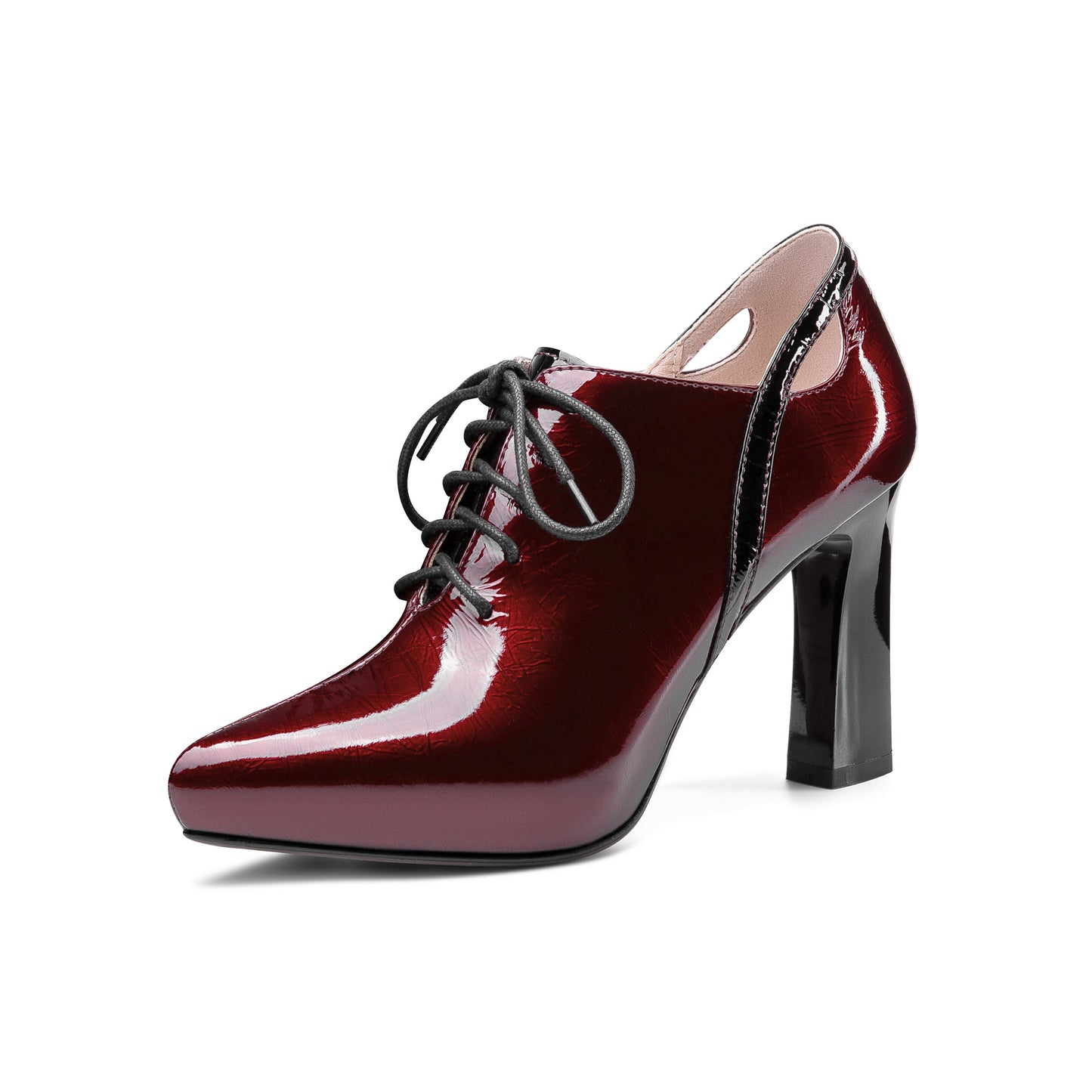 Nine Seven Women's Glossy Patent Leather Handmade Sexy High Chunky Heel Pointed Toe Lace Up Pump Shoes with Platform