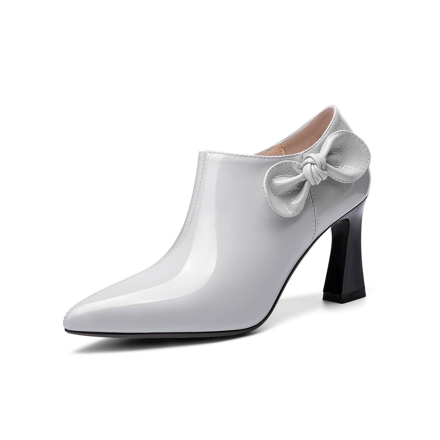 Nine Seven Women's Patent Leather Handmade Pointed Toe Side Zip Elegant High Chunky Heel Pumps with Cute Bow