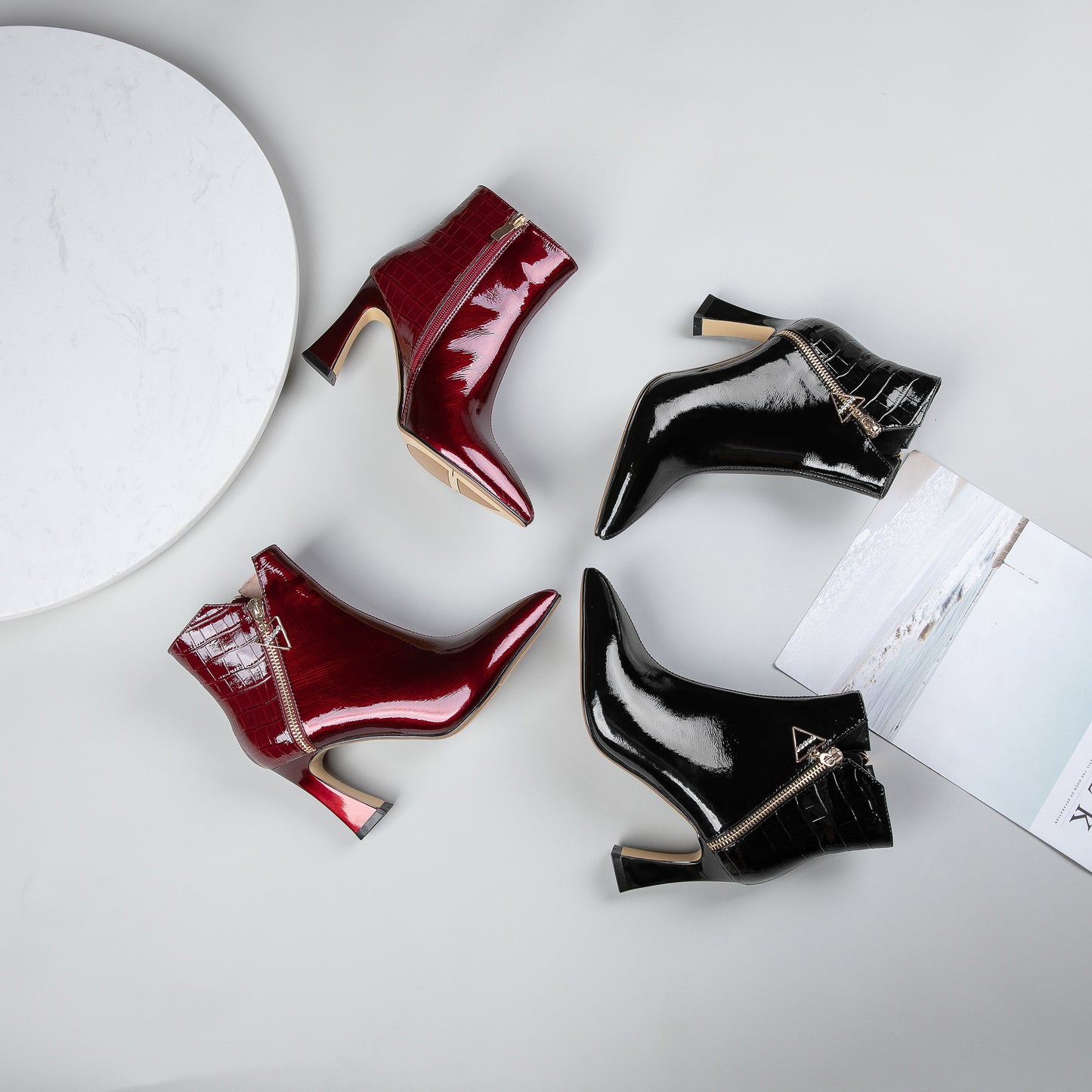 Nine Seven Women's Handmade Patent Leather Pointed Toe High Heel Side Zip Up Glossy Plus Size Ankle Booties