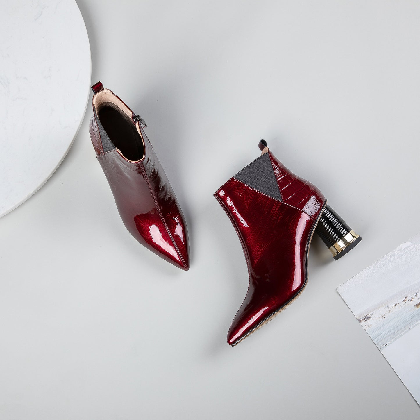 Nine Seven Women's Glossy Patent Leather Handmade Mid Chunky Heel Side Zip Up Pointed Toe Stylish Ankle Boots