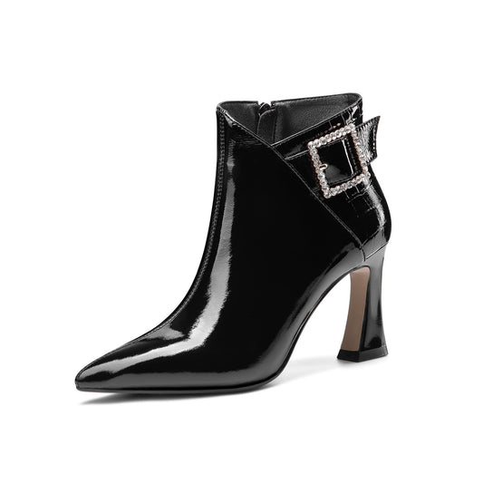 Nine Seven Women's Handmade Patent Leather Pointed Toe Sexy High Heel Side Zip Up Plus-Size Ankle Booties with Glitter Rhinestone Buckle