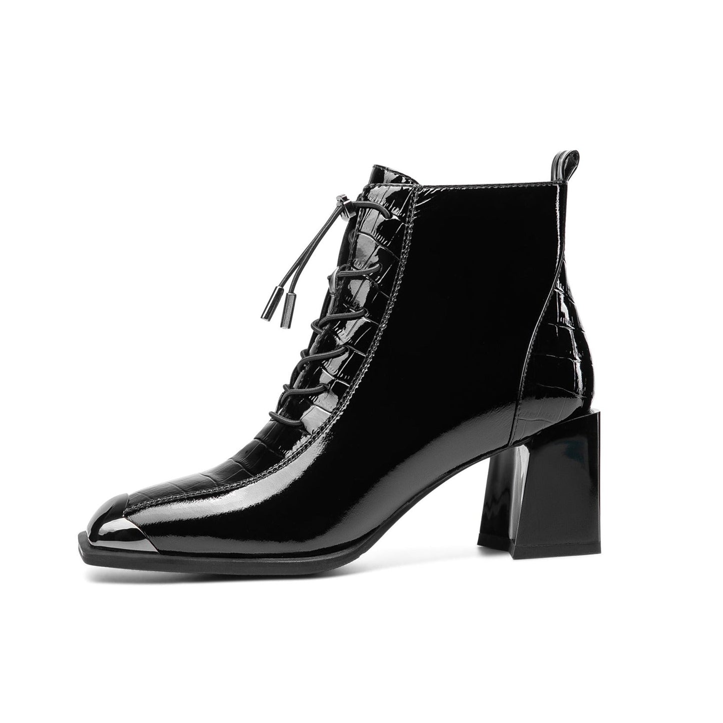 Nine Seven Women's Patent Leather Handmade Square Cap-Toe Mid Chunky Heel Side Zipper Ankle Boots with Band
