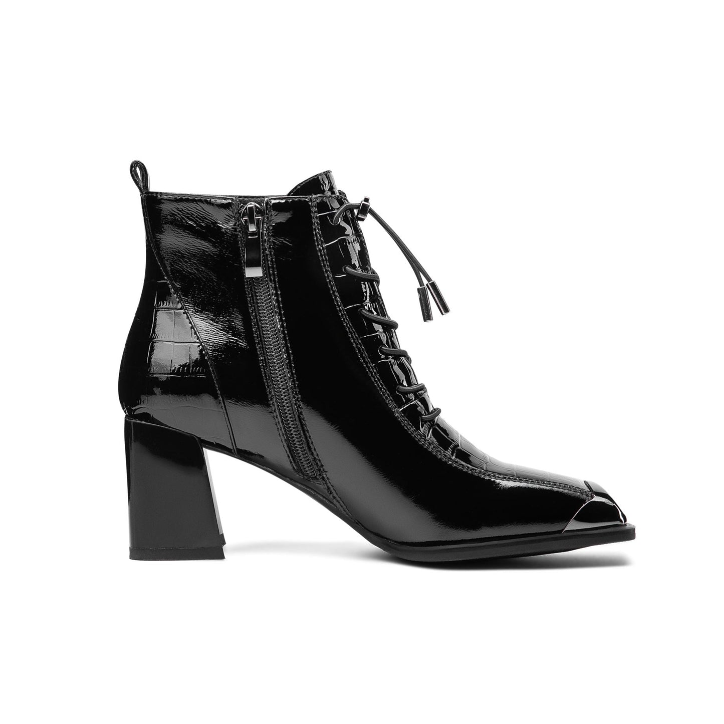 Nine Seven Women's Patent Leather Handmade Square Cap-Toe Mid Chunky Heel Side Zipper Ankle Boots with Band