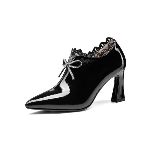Nine Seven Women's Handmade Glossy Patent Leather Pointed Toe Mid Heel Side Zip Up Pump Shoes with Cute Bowtie