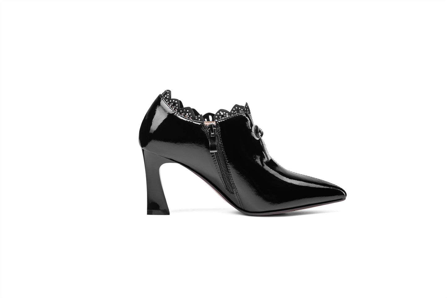 Nine Seven Women's Handmade Glossy Patent Leather Pointed Toe Mid Heel Side Zip Up Pump Shoes with Cute Bowtie