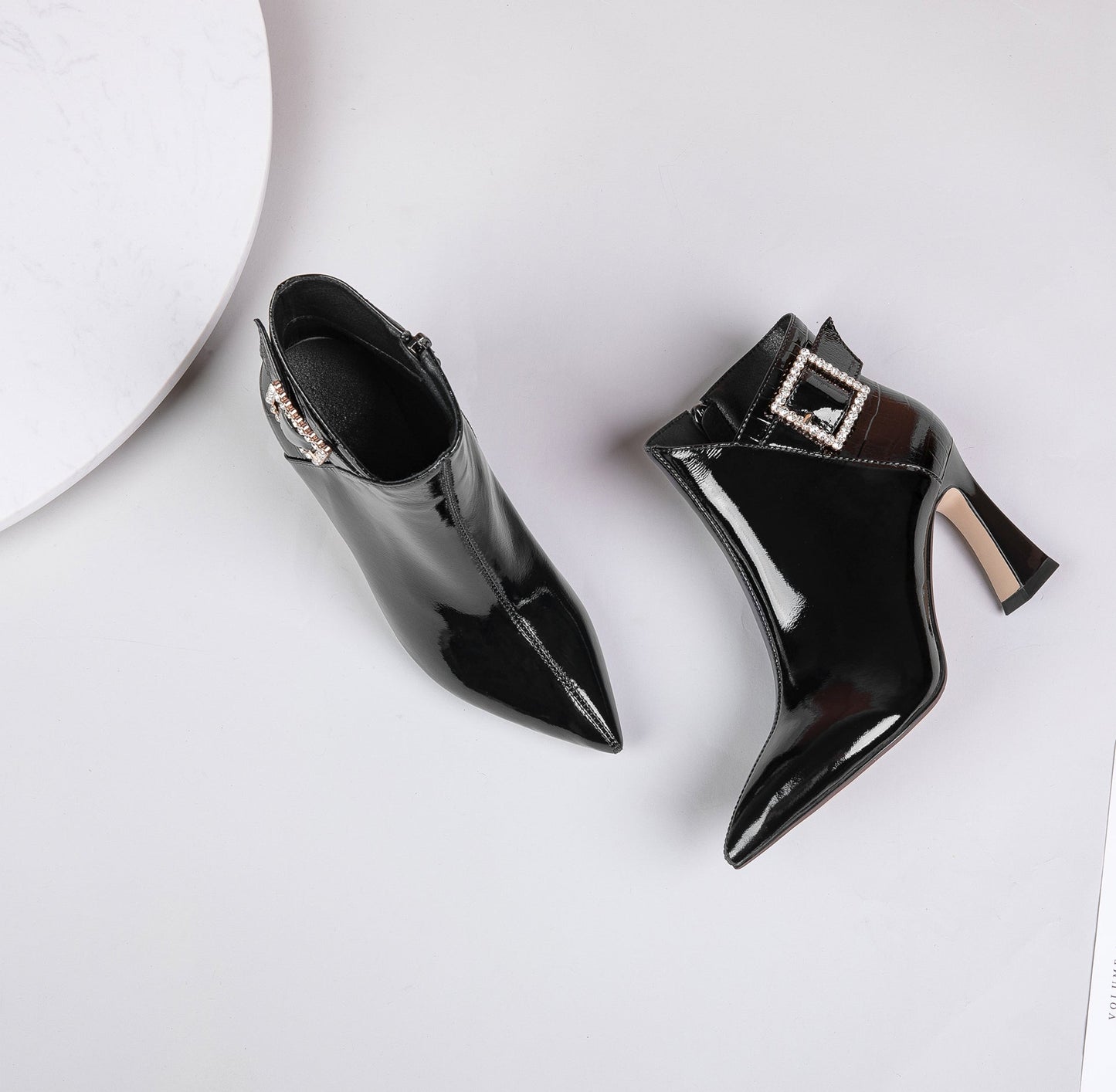 Nine Seven Women's Handmade Patent Leather Pointed Toe Sexy High Heel Side Zip Up Plus-Size Ankle Booties with Glitter Rhinestone Buckle