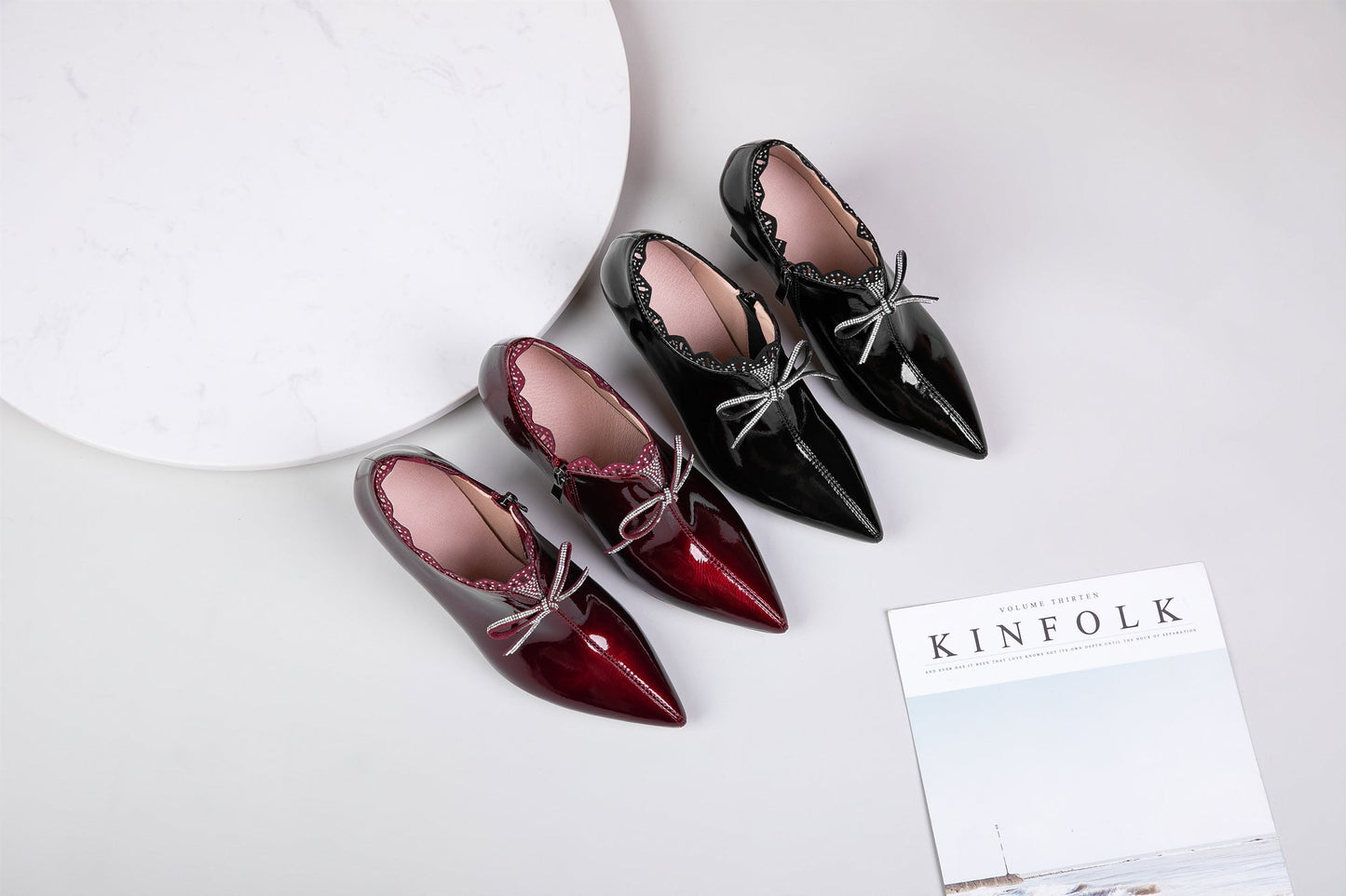 Nine Seven Women's Handmade Glossy Patent Leather Pointed Toe Mid Heel Side Zip Up Pump Shoes with Cute Bowtie