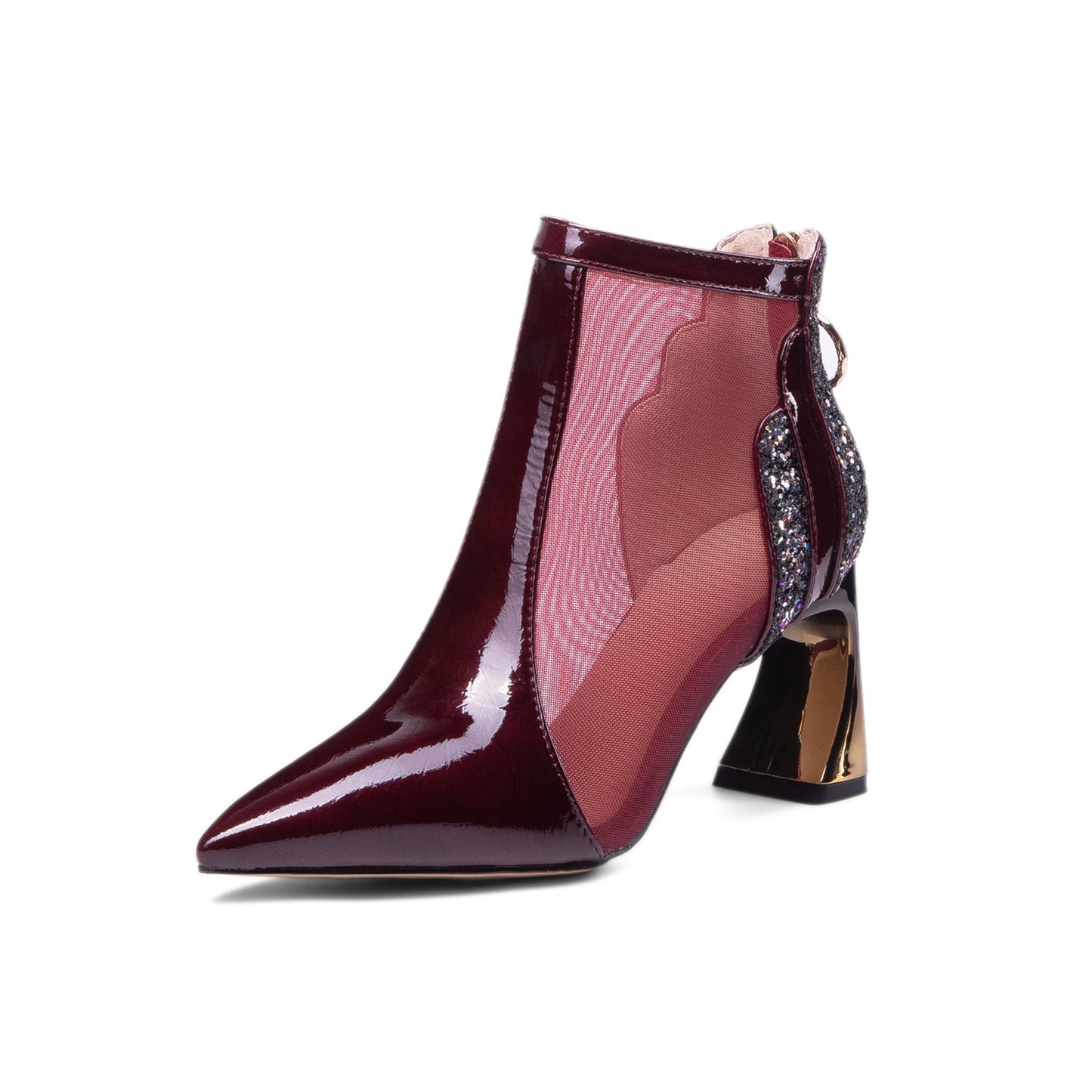 Nine Seven Women's Patent Leather Handmade Mesh Pointed Toe Back Zip Up High Spool Heel Elegant Glitter Summer Booties