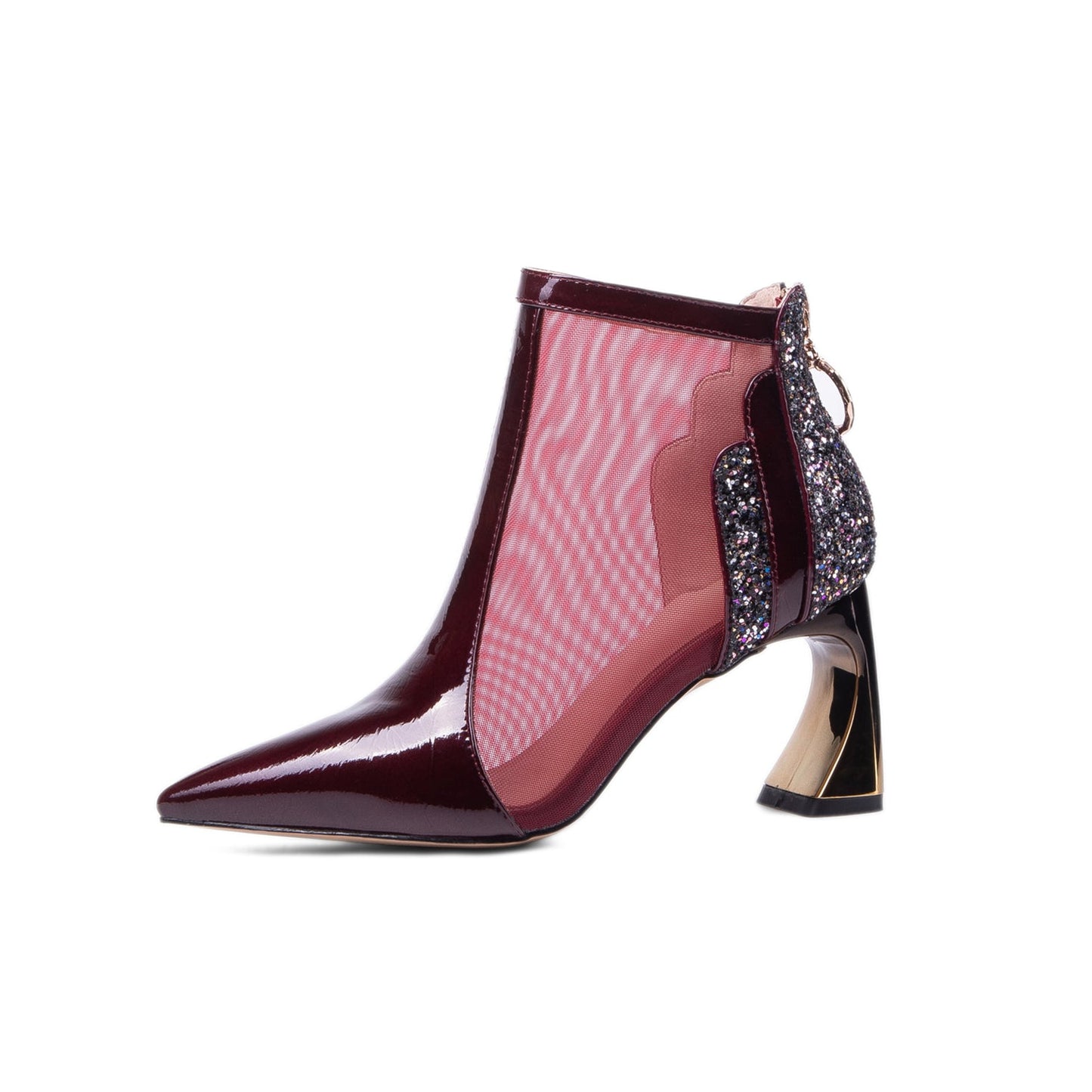 Nine Seven Women's Patent Leather Handmade Mesh Pointed Toe Back Zip Up High Spool Heel Elegant Glitter Summer Booties