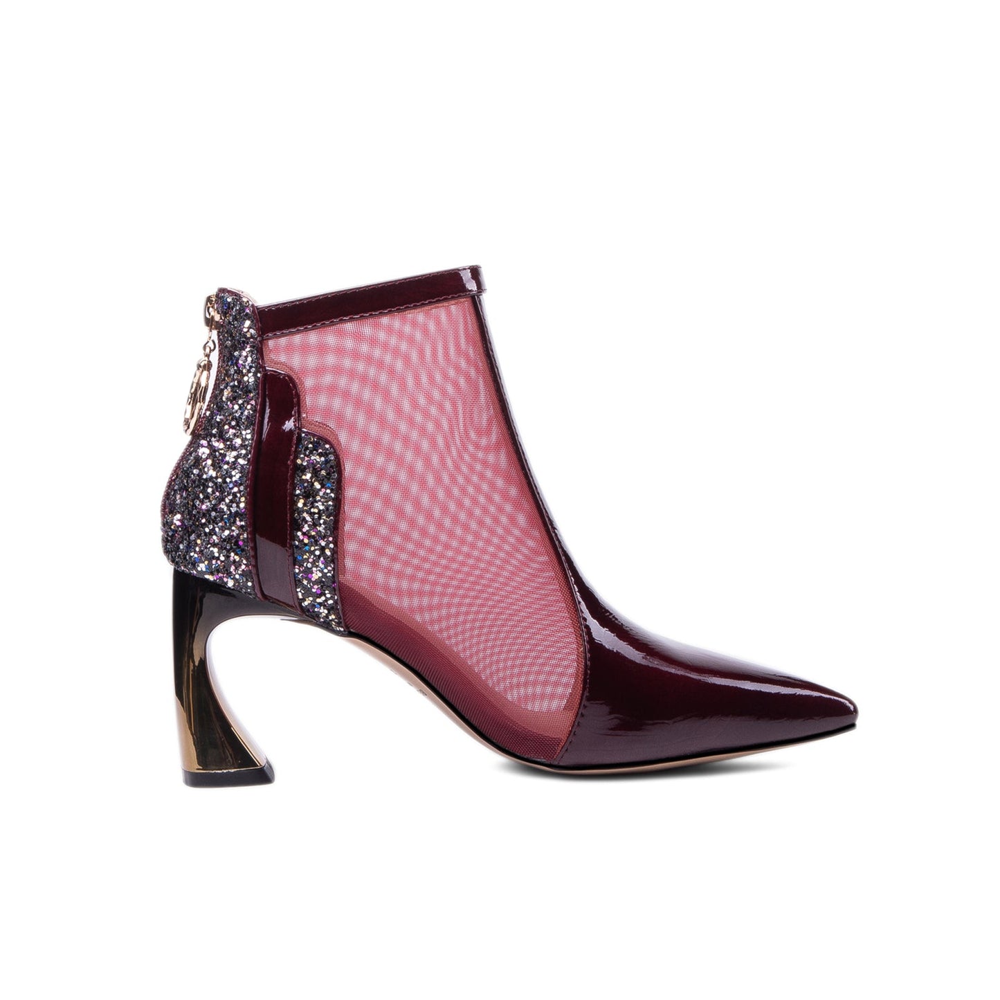 Nine Seven Women's Patent Leather Handmade Mesh Pointed Toe Back Zip Up High Spool Heel Elegant Glitter Summer Booties