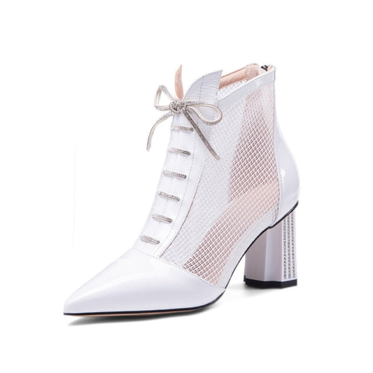 Nine Seven Women's Handmade Glossy Patent Leather Mesh Hollow Pointed Toe Back Zip Mid Chunky Heel Summer Boots