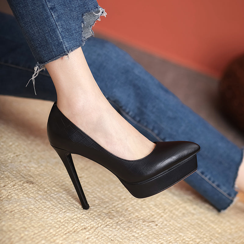 Nine Seven Women's Genuine Leather Pointed Toe Handmade Super High Stiletto Heels Trendy Pumps Shoes with Platform