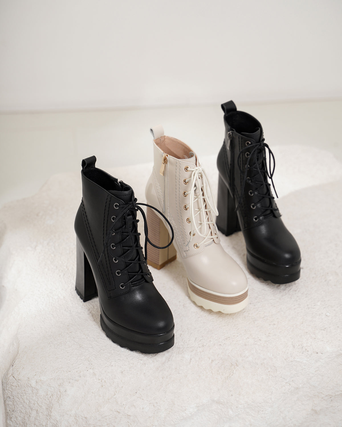 Nine Seven Genuine Leather Round Toe Handmade Lace Up Side Zipper High Chunky Heel Women's Cool Ankle Boots with Platform