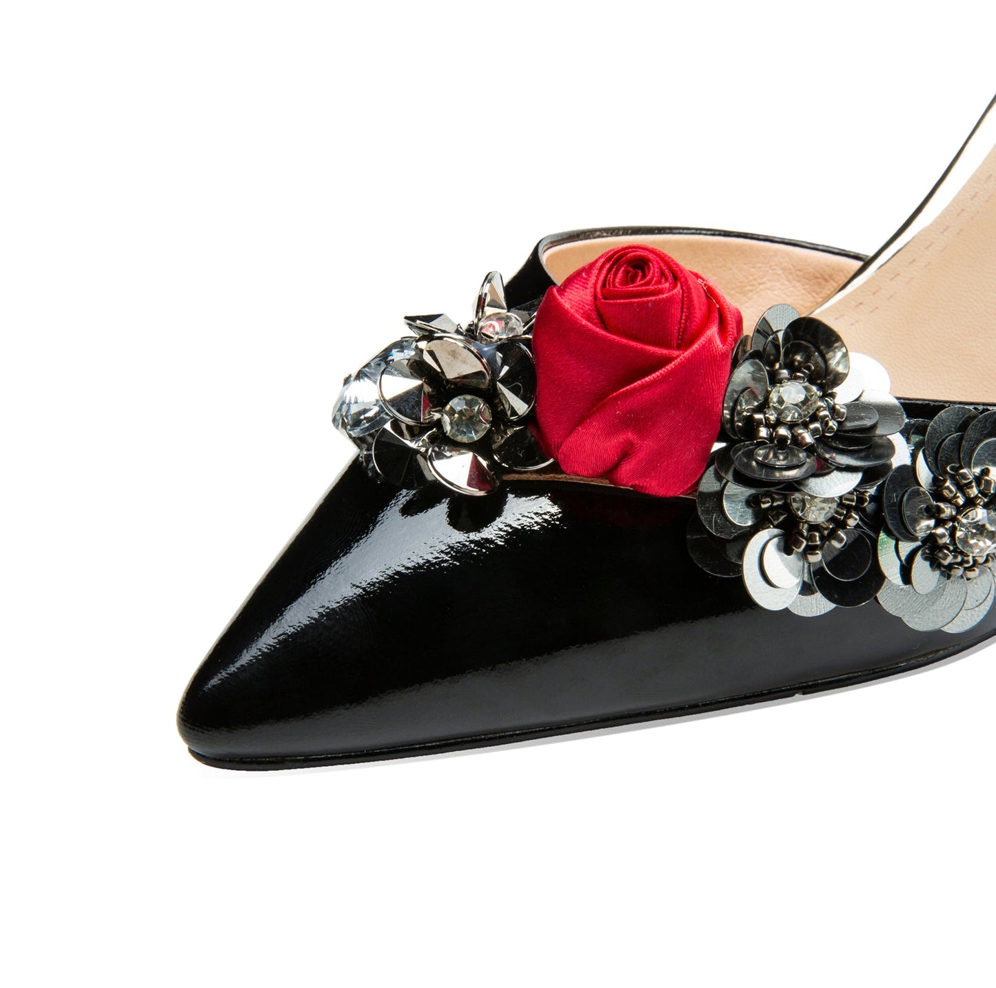 Nine Seven Women's Patent Leather Handmade Golden Mid Heel Buckle Sandals with Flowers Decor