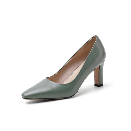 Nine Seven Genuine Leather Women's Handmade Closed Pointed Toe High Chunky Heel Slip On Loafer Pump Shoes