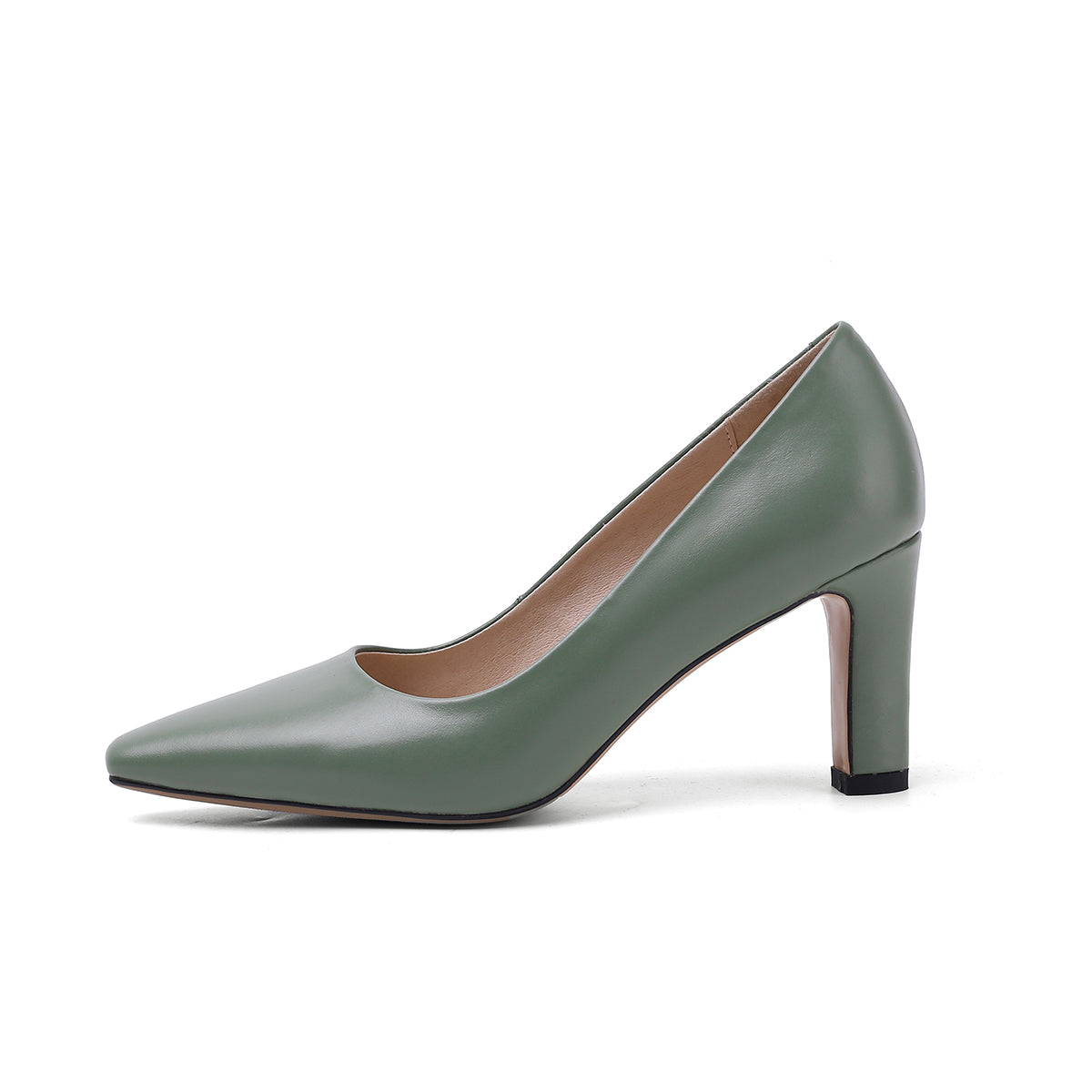 Nine Seven Genuine Leather Women's Handmade Closed Pointed Toe High Chunky Heel Slip On Loafer Pump Shoes