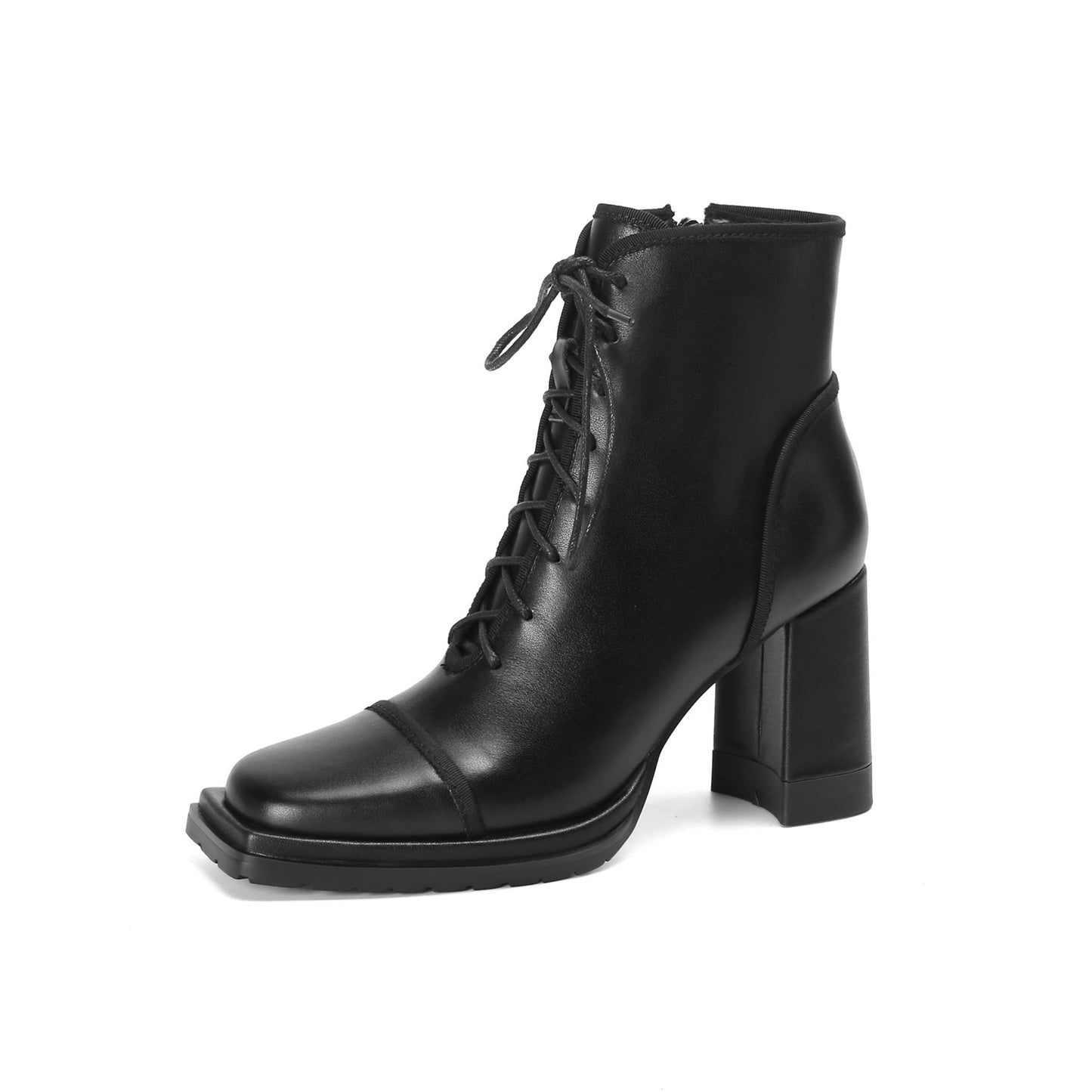 Nine Seven Handmade Women's Genuine Leather Platform Front Lace Up Side Zipper Square Toe High Block Heel Ankle Boots