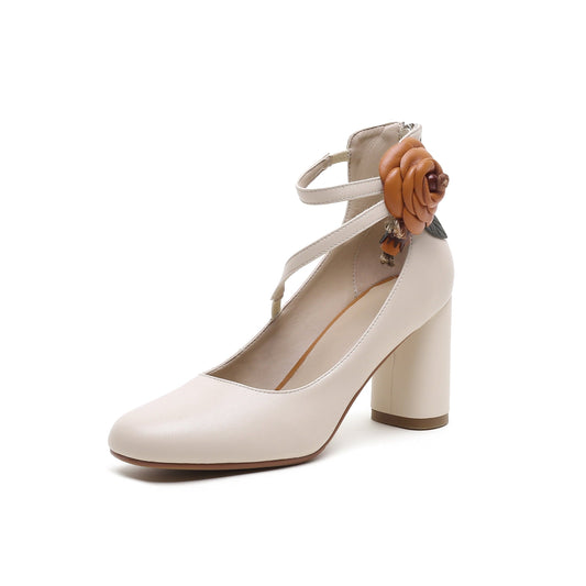 Nine Seven Handmade Women's Elegant Genuine Leather Décor Flower Ankle Strap Round Toe High Block Heel Pumps Shoes