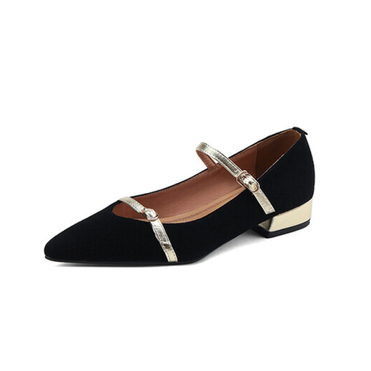 Nine Seven Women's Pointed Toe Suede Leather Handmade Buckles Casual Mary Jane Shoes with Low Chunky Heels