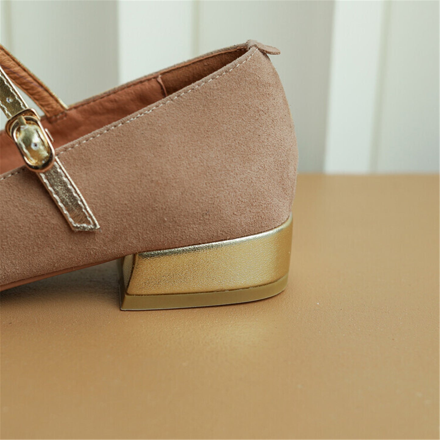 Nine Seven Women's Pointed Toe Suede Leather Handmade Buckles Casual Mary Jane Shoes with Low Chunky Heels