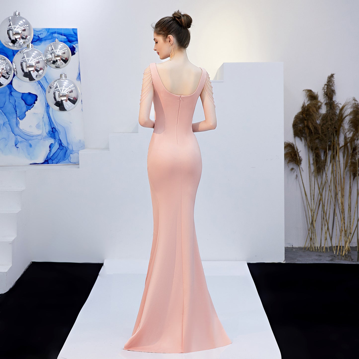 Nine Seven Women's Deep V Neck Back Zip Up Mermaid Sexy Side Split Evening Party Formal Ocassion Dress