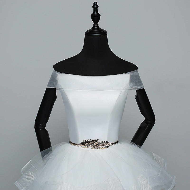 Nine Seven Ruffle Lace Golden Leaves Belt Off Shoulder Lace Up A-Line Floor Train Wedding Dress