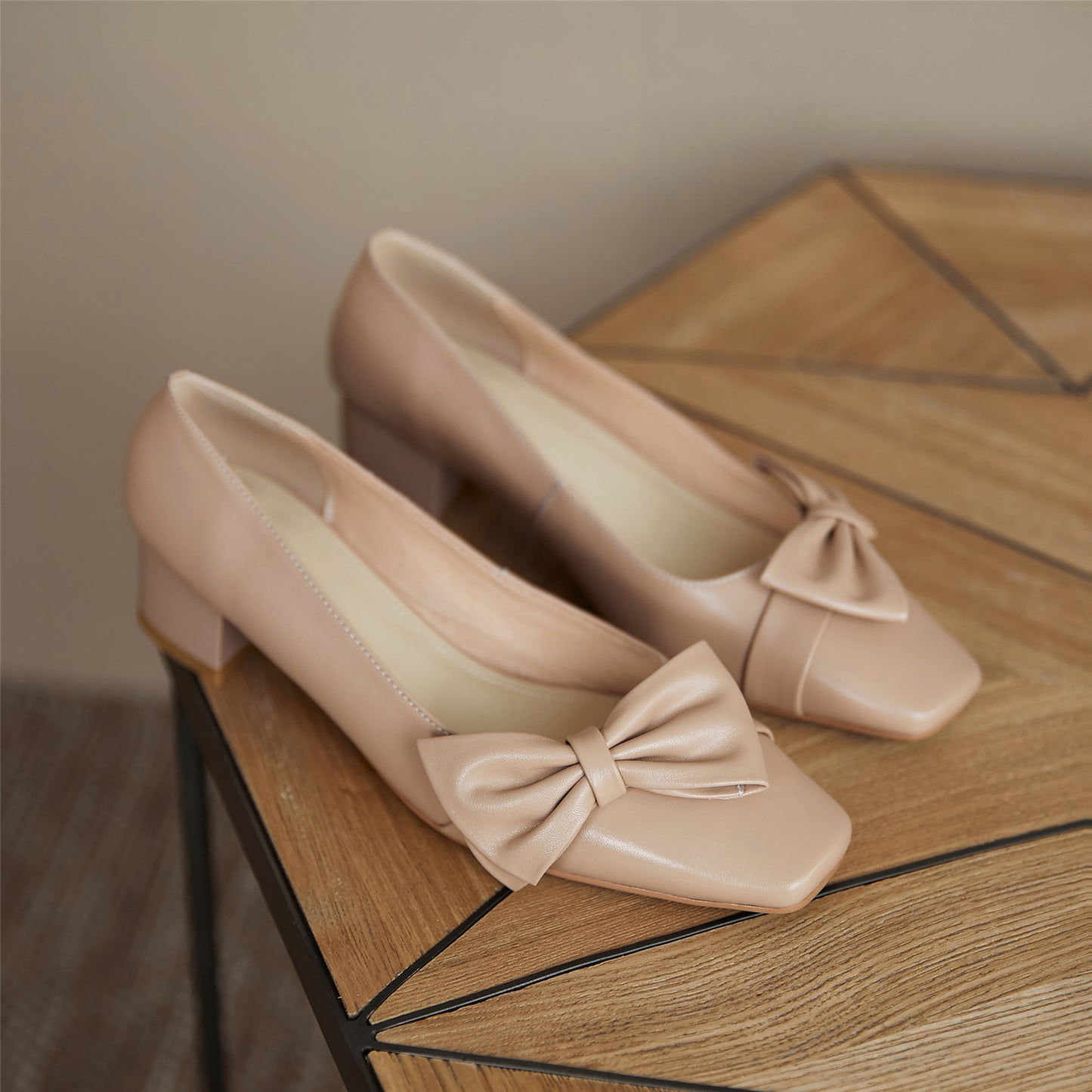 Nine Seven Women's Genuine Leather Handmade Square Toe Comfortable Low Chunky Heel Cute Bow Slip On Office Loafer Pumps