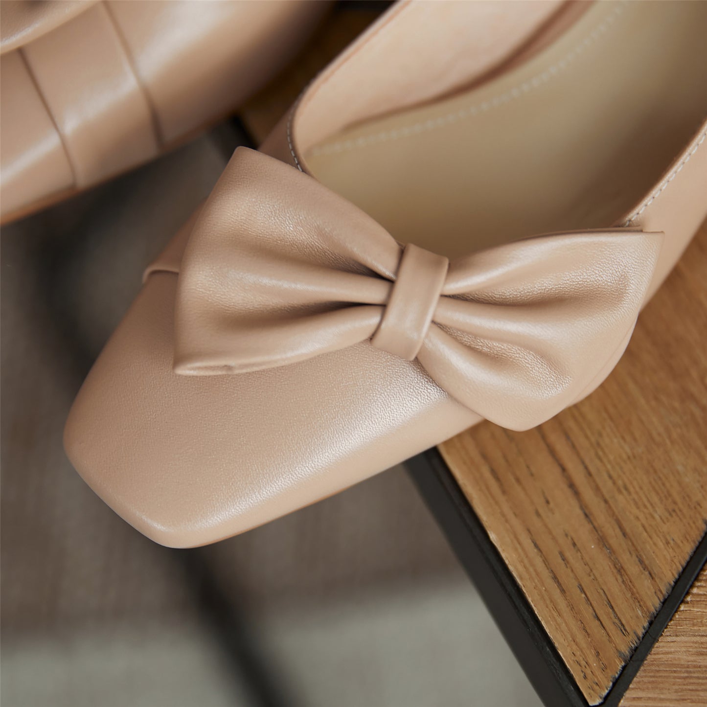 Nine Seven Women's Genuine Leather Handmade Square Toe Comfortable Low Chunky Heel Cute Bow Slip On Office Loafer Pumps