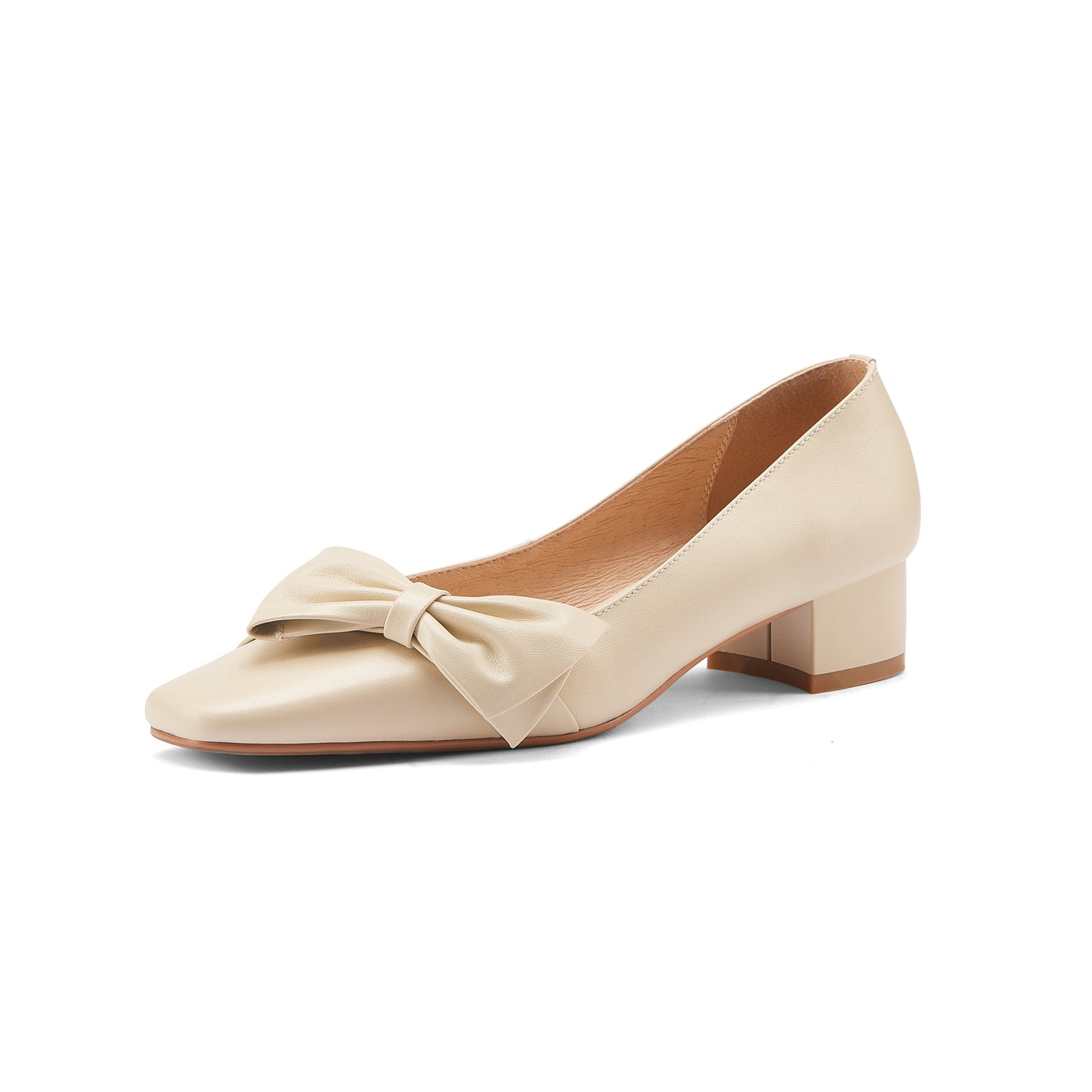 Nine Seven Women's Genuine Leather Handmade Square Toe Comfortable Low Chunky Heel Cute Bow Slip On Office Loafer Pumps