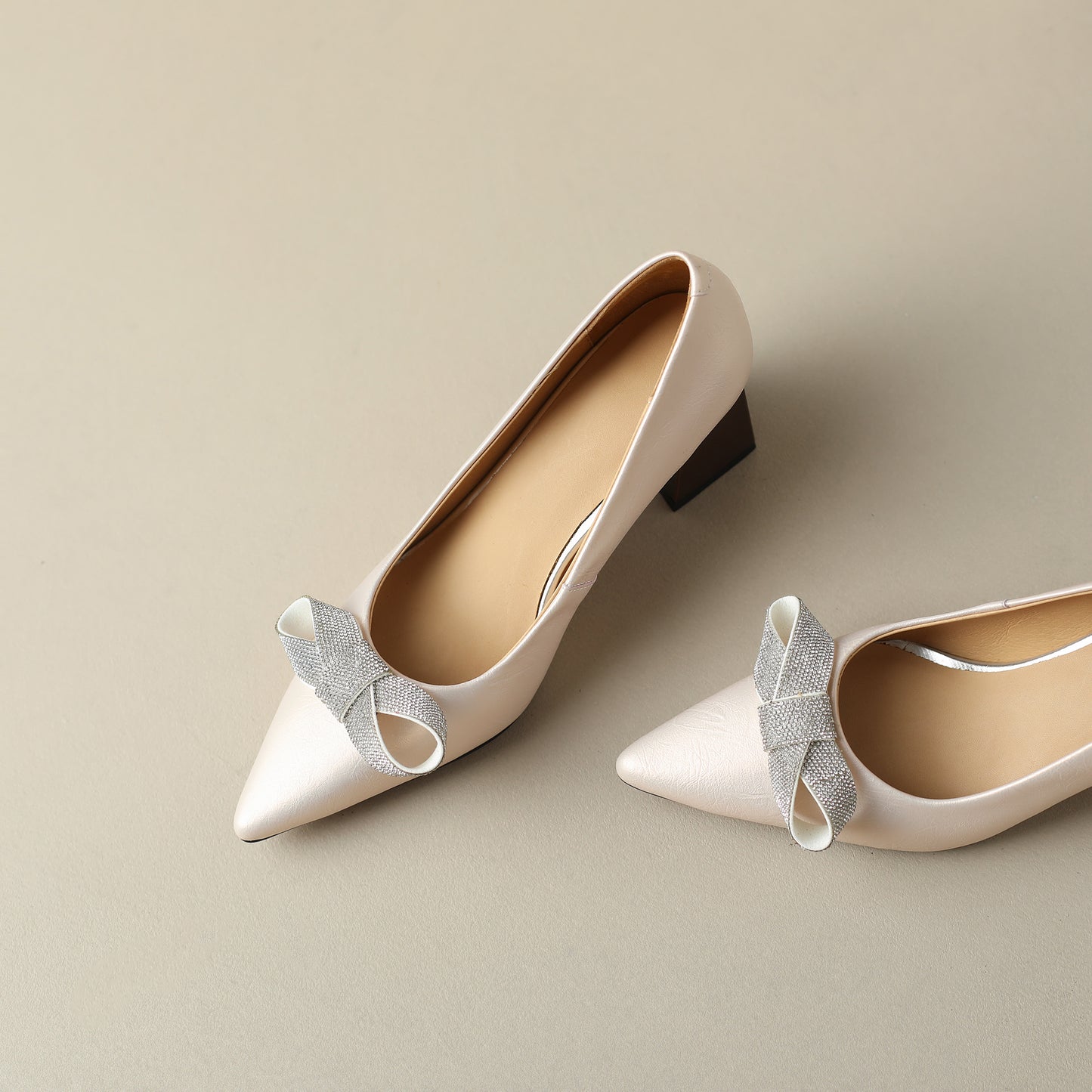 Nine Seven Genuine Leather Handmade Women's Slip On Pointed Toe Mid Chunky Heel Bowknot Pumps Shoes