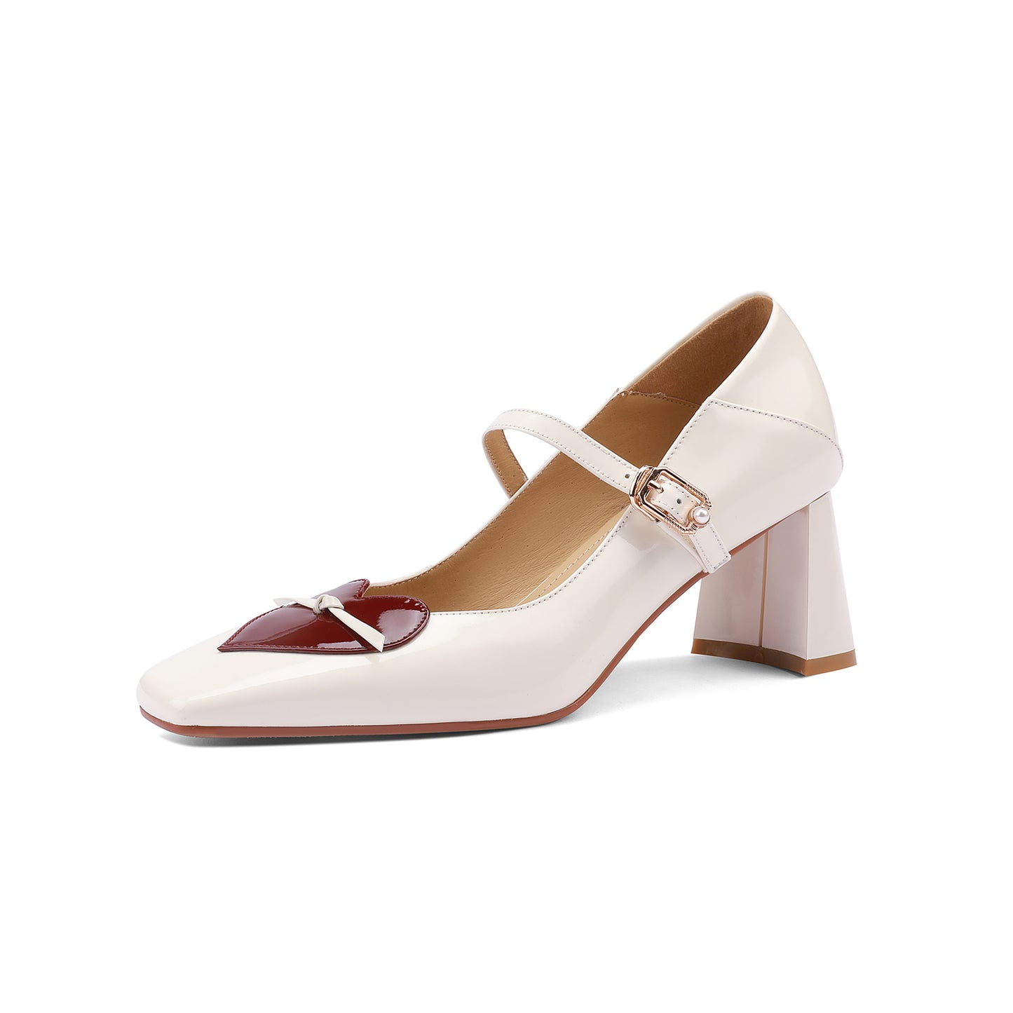 Nine Seven Women's Patent Leather Handmade Classic Square Toe Chunky Heel Buckle Closure Classic Mary Jane Pumps with Heart Design