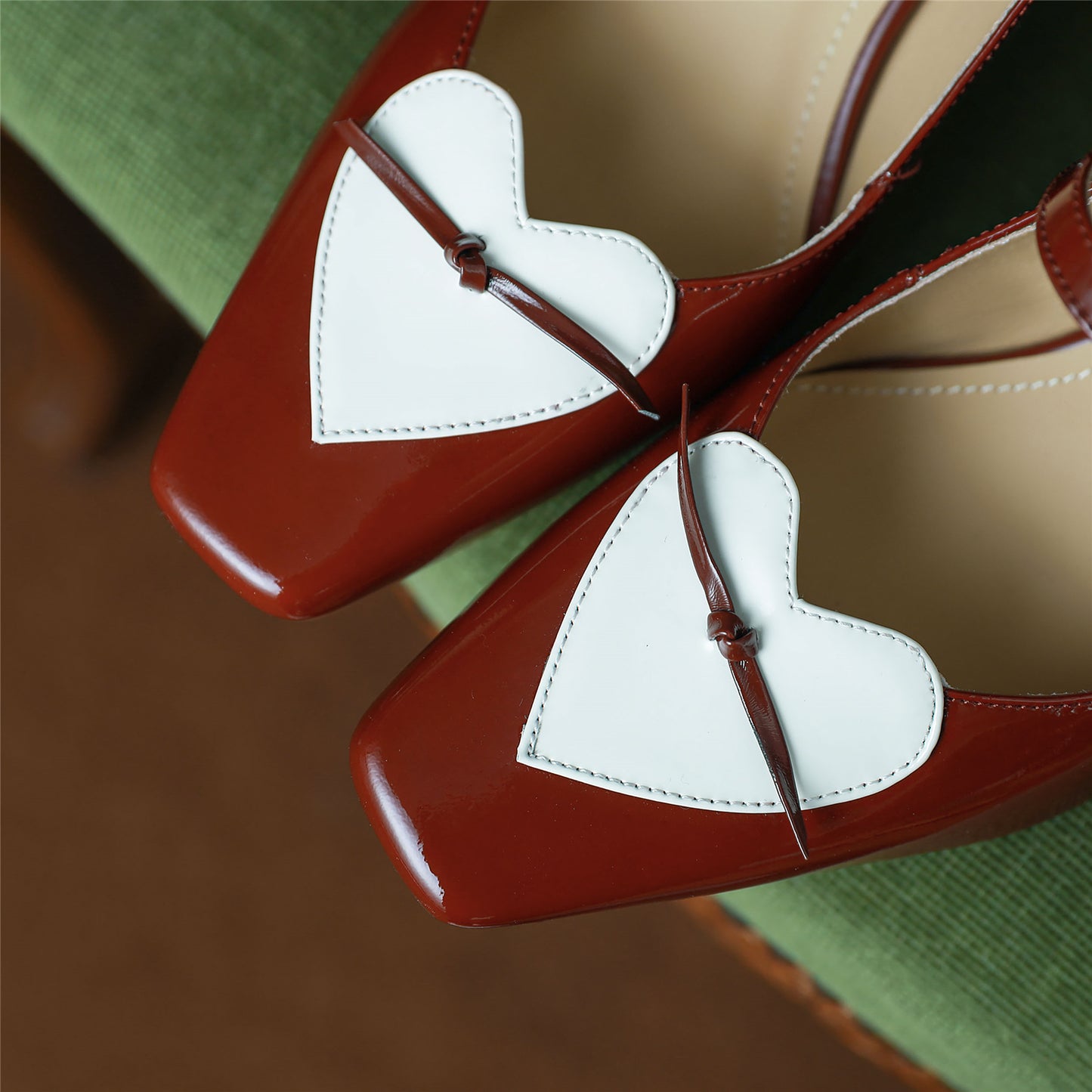 Nine Seven Women's Patent Leather Handmade Classic Square Toe Chunky Heel Buckle Closure Classic Mary Jane Pumps with Heart Design