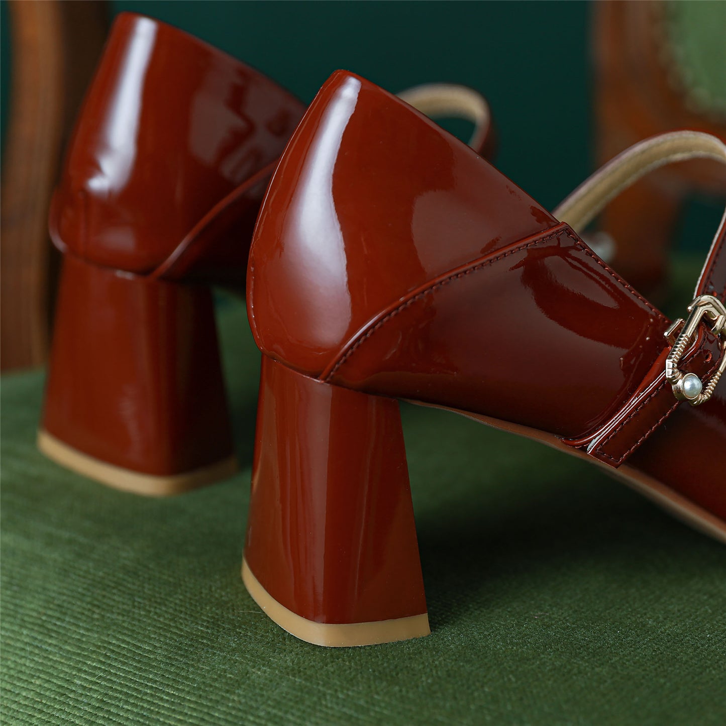 Nine Seven Women's Patent Leather Handmade Classic Square Toe Chunky Heel Buckle Closure Classic Mary Jane Pumps with Heart Design