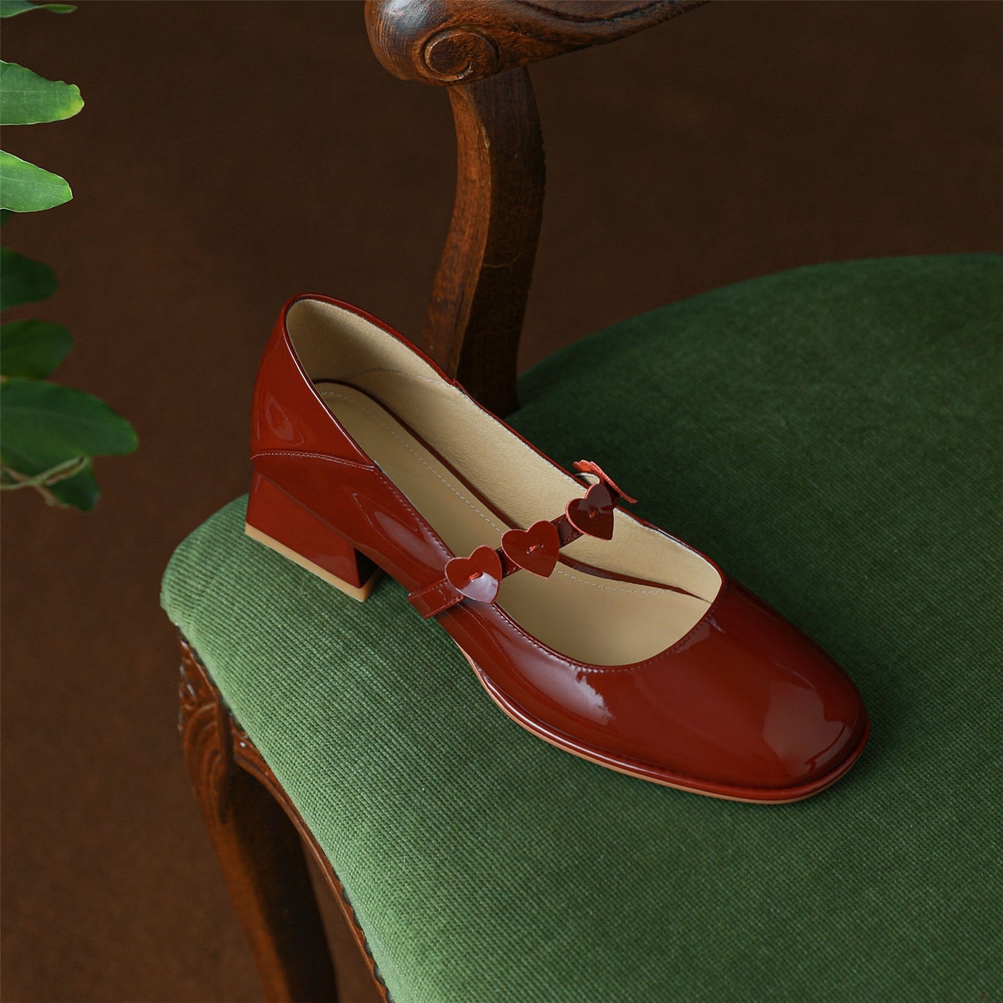 Nine Seven Women's Patent Leather Handmade Chunky Heel Slip On Loafer Mary Jane Pumps with Hearts Decor