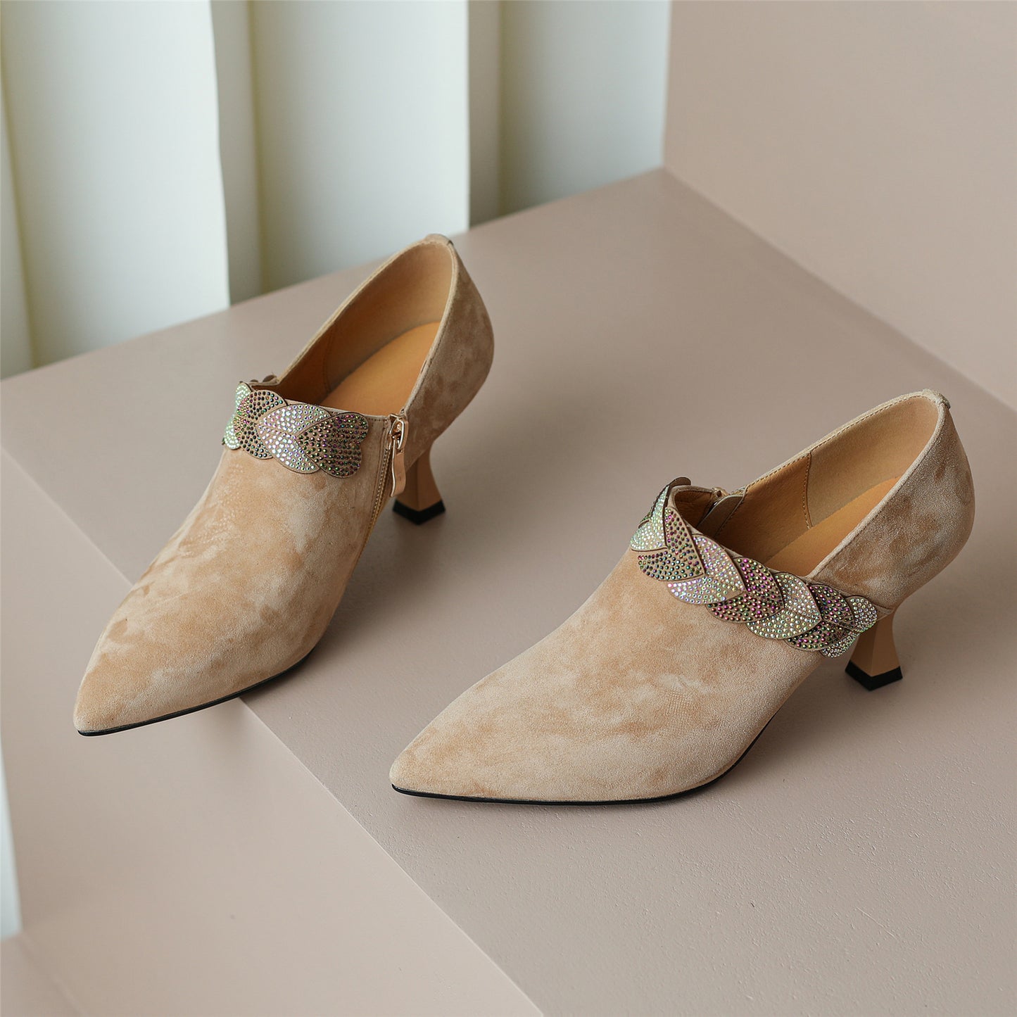 Nine Seven Women's Suede Leather Handmade Pointed Toe Mid Spool Heel Stylish Delicate Décor Pumps