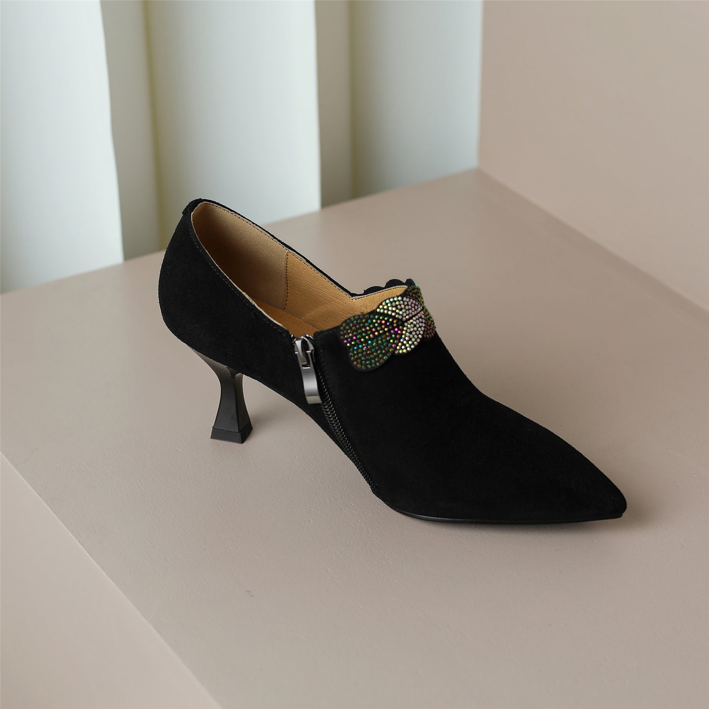 Nine Seven Women's Suede Leather Handmade Pointed Toe Mid Spool Heel Stylish Delicate Décor Pumps