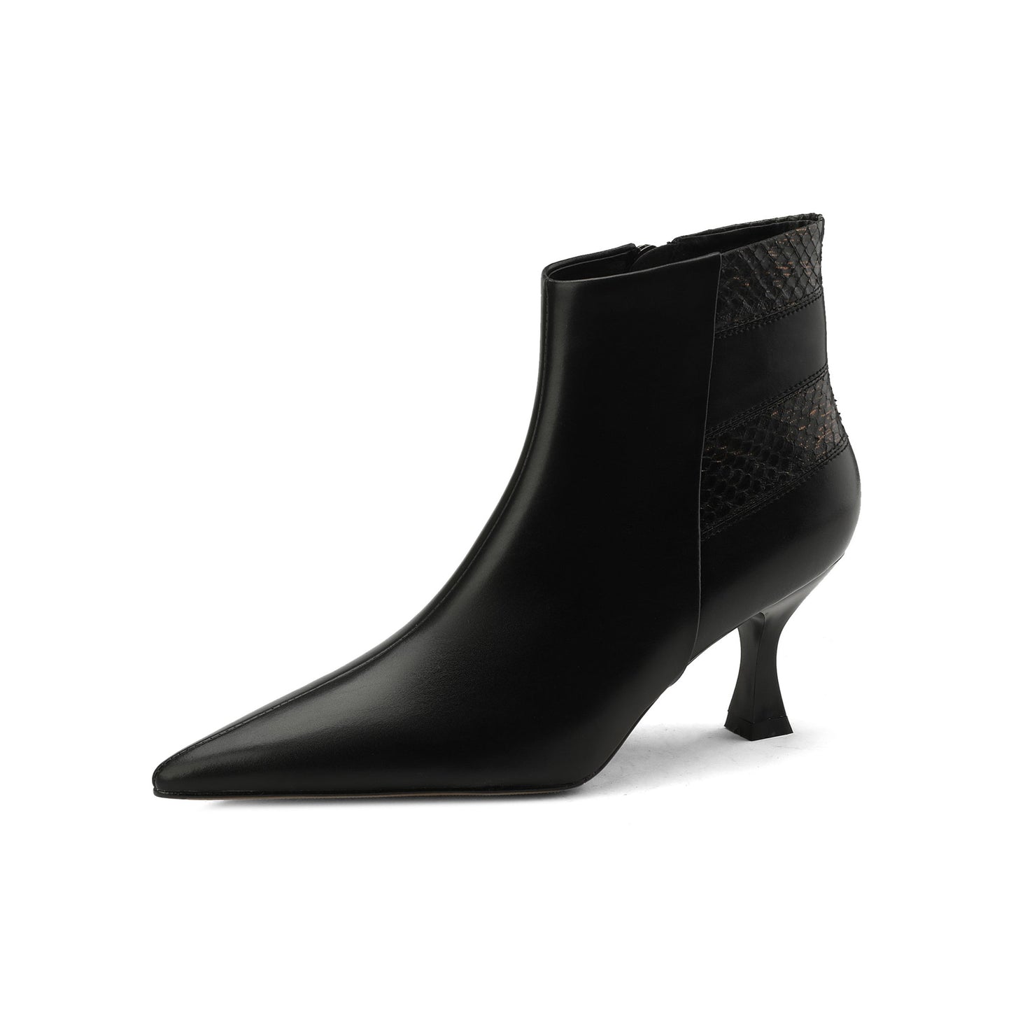 Nine Seven Handmade Women's Genuine Leather Patchwork Snakeskin Pointed Toe Back Zip Up Mid Kitten Heel Ankle Boots