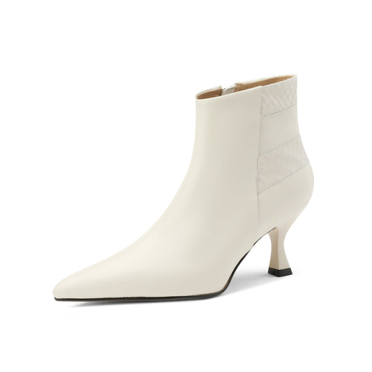 Nine Seven Handmade Women's Genuine Leather Patchwork Snakeskin Pointed Toe Back Zip Up Mid Kitten Heel Ankle Boots