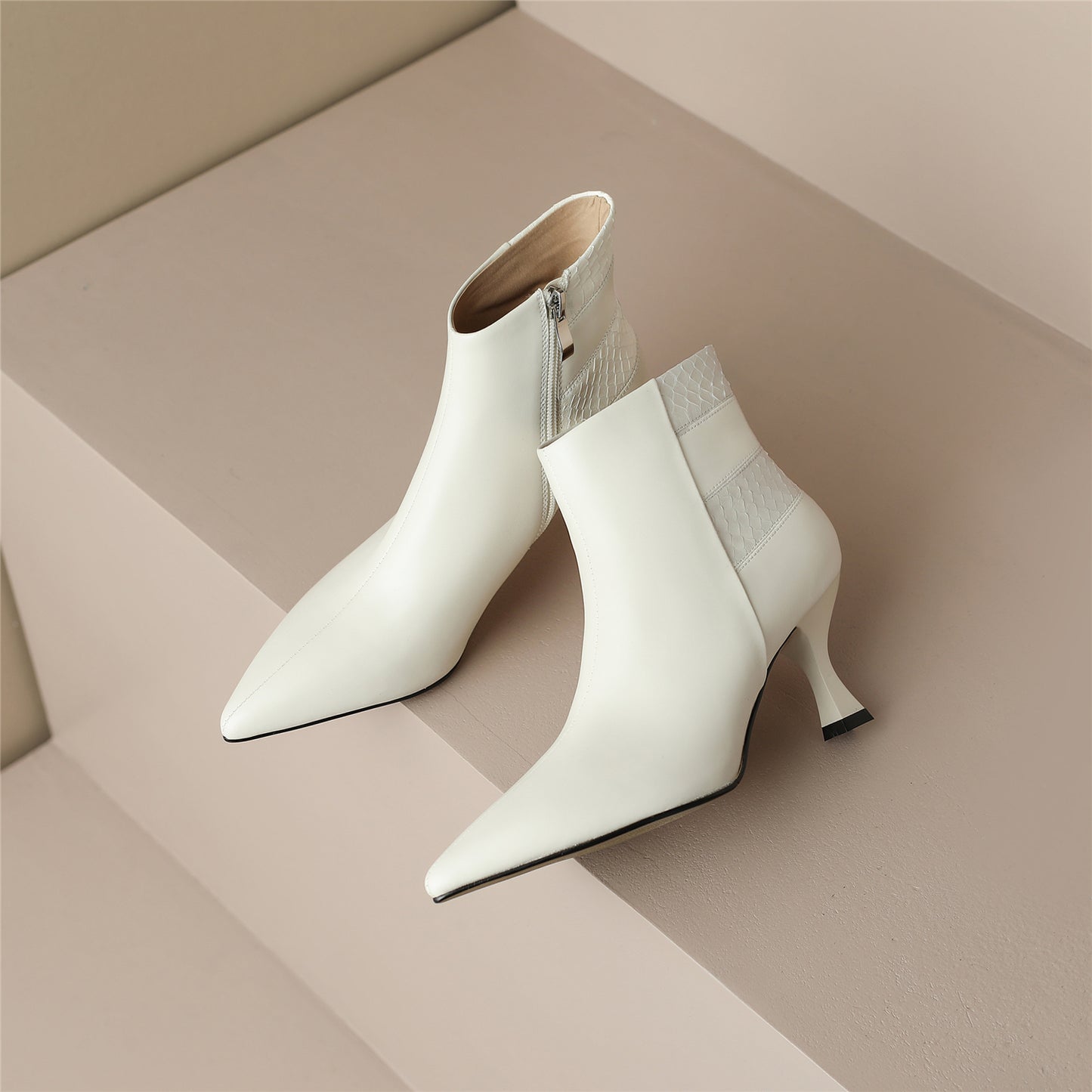 Nine Seven Handmade Women's Genuine Leather Patchwork Snakeskin Pointed Toe Back Zip Up Mid Kitten Heel Ankle Boots