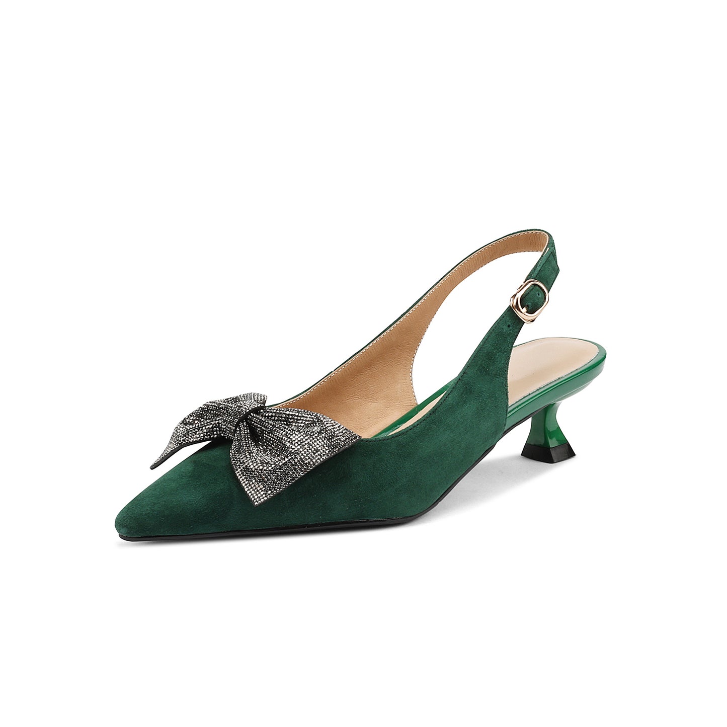 Nine Seven Women's Pointed Toe Suede Leather Handmade Buckle Cute Kitten Heels Slingbacks with Bowknot