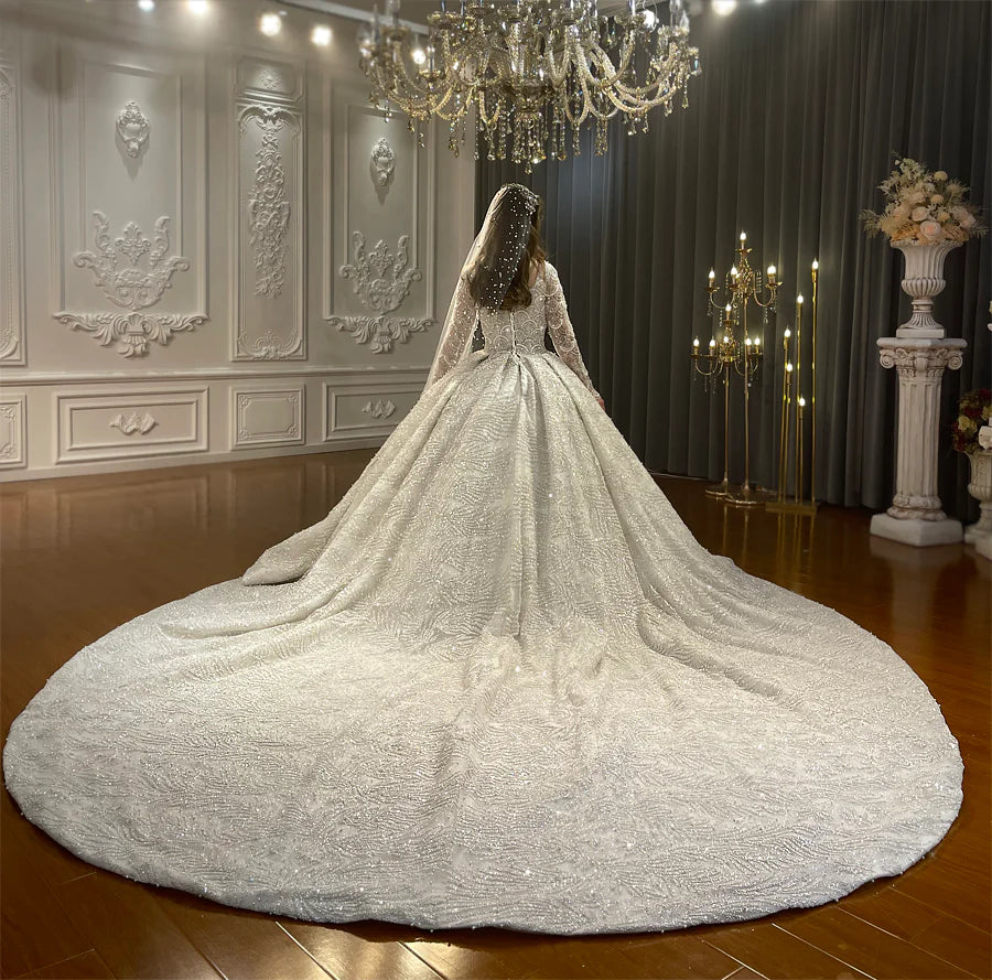 Nine Seven Long Sleeves Square Neck Sparkly Sequin Ball Grown Wedding Dress Customization