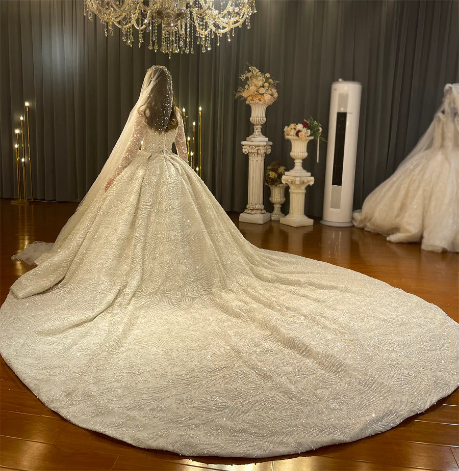 Nine Seven Long Sleeves Square Neck Sparkly Sequin Ball Grown Wedding Dress Customization