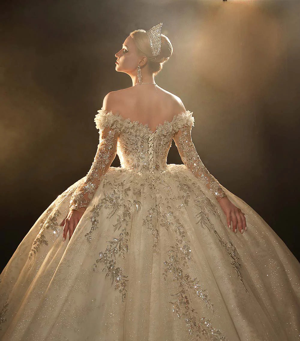 Nine Seven Off Shoulder Long Sleeves  Sparkly Sequin Appliques Bridal Ball Grown Wedding Dress Customization